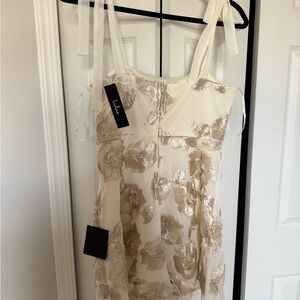 Ivory Mesh Floral Applique Tie-Strap Mini Dress